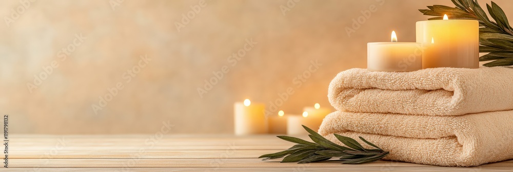 Poster stacked soft towels, lit candles, and delicate olive branches create a tranquil and inviting spa amb