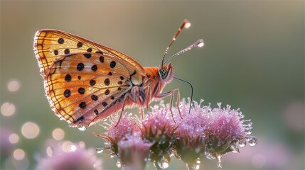 Obraz premium Dew-kissed butterfly on flower, sunrise meadow