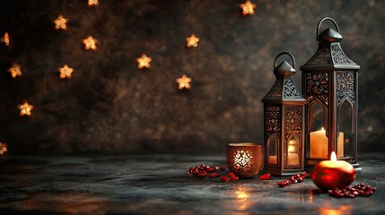 Festive lanterns, candles, and pomegranates on dark background; holiday decor