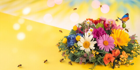 Obraz premium Vibrant Summer Bouquet with Bees Butterfly on Yellow