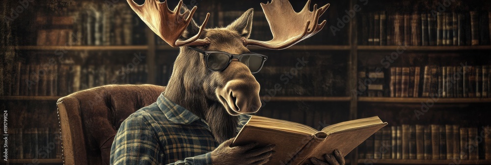 Aufkleber moose wearing reading glasses immersed in a book within a vintage library setting. generative ai