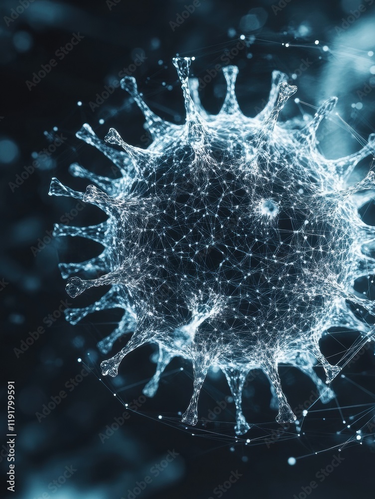 Fototapete graphical representation of a minimalistic virus with digital connections in a dark environment. gen