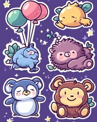 Naklejka premium Adorable Cartoon Animals with Balloons: A whimsical illustration featuring cute creatures like a pig, monkey, penguin, and hedgehog, soaring with colorful balloons against a starry purple backdrop