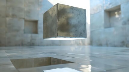 A floating metallic cube in a minimalist, abstract environment with reflective surfaces.