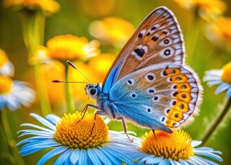 Obraz premium Adonis Blue Butterfly on Ox-eye Daisy, Polyommatus bellargus, Buphthalmum salicifolium, Wildflower, Insect, Macro Photography, Nature