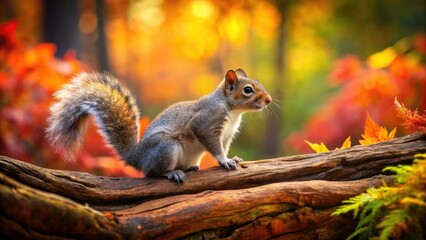 Obraz premium Adorable Tilt-Shift Squirrel Autumn Forest - Miniature Log Scene