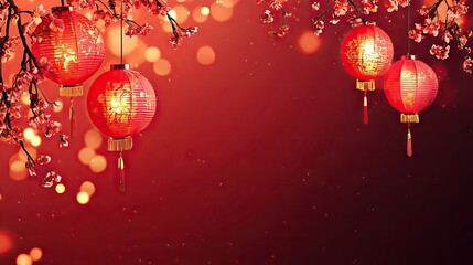 Red lanterns, cherry blossoms, festive background; Lunar New Year celebration