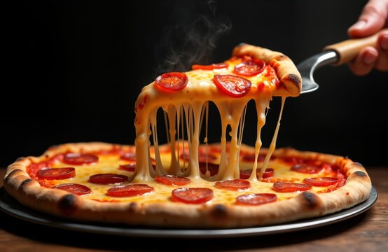 Hot pizza slice with melting cheese served on pizza pan. Hand holding pizza slice with lots of melted cheese. Delicious pizza with pepperoni. Perfect for lunch dinner. Italian food. Freshly cooked