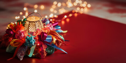 Festive Lantern with Colorful Ribbons and Lights Holiday Decoration