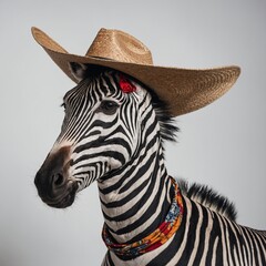 A zebra dressed as a cowboy with a hat and bandana on a white background.