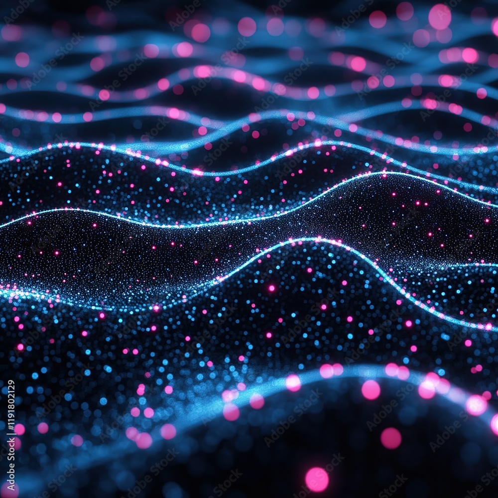 Poster dynamic light waves creating abstract patterns in a futuristic digital landscape