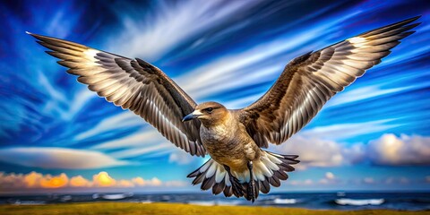 Arctic Skua Long Exposure Flight Blue Sky Photography - Wildlife Bird Predator