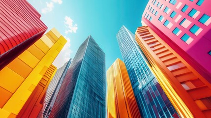 Surreal and Vibrant Pop Art Cityscape 3D with Colorful Tones Modern Skyscrapers and Futuristic Urban Architecture