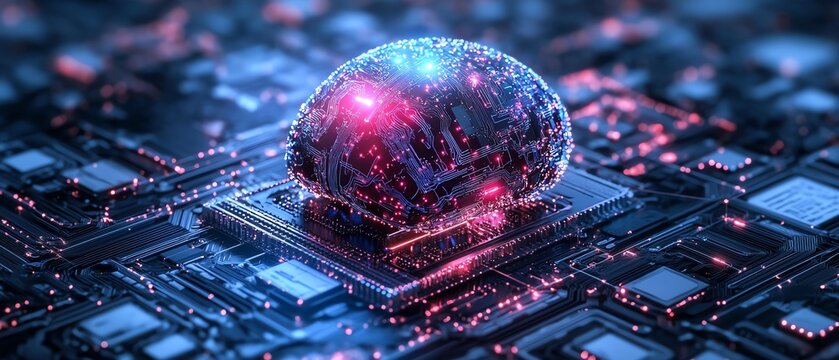 Futuristic abstract technology background, quantum computing with processor and circuits, artificial neurons, global data connections, generative AI, digital network