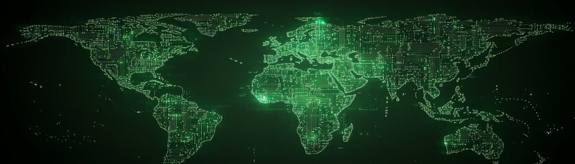 Obraz premium Global network and connectivity, world map made of glowing printed circuits, data transfer, artificial intelligence, international telecommunications, digital business exchange