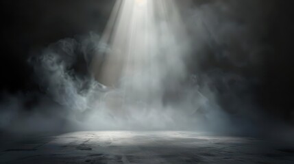 A dramatic beam of light illuminates a foggy, dark space, creating a mysterious atmosphere.