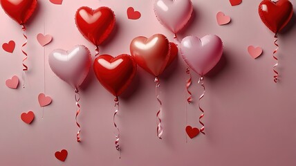 Valentine day background with red and pink hearts balloons