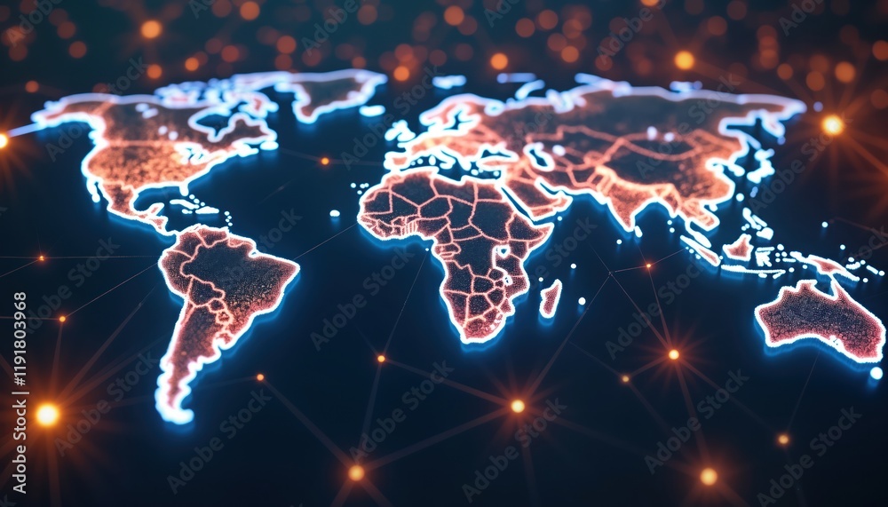 Poster global network map shows interconnected countries. digital tech illustration of world map with glowi
