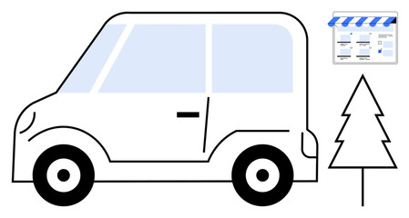 Simple car drawing, small storefront and tree highlighting urban transportation, shopping, eco-friendliness. Ideal for city commuting, automotive design, retail locations, environmental balance