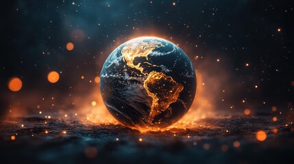 Flaming Earth globe, space, fiery background, climate change concept