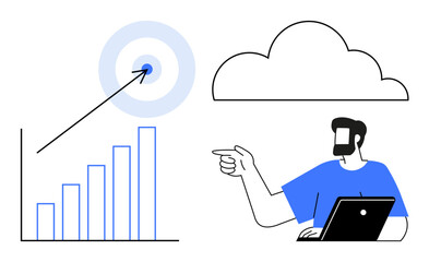 A person with a laptop points toward a target and upward graph next to a cloud. Ideal for productivity, data analysis, goal-setting, cloud computing, business growth, technology integration, success