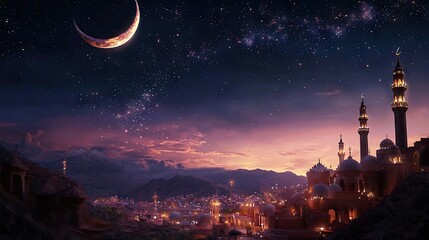 Naklejka premium Night cityscape, crescent moon, stars, mountains, Muslim architecture, Ramadan greeting