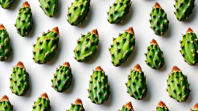 Prickly pear cactus pads arranged neatly on a white background in a creative display