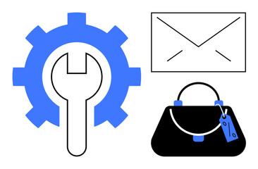 Gear with wrench, envelope, and handbag signify tools, messaging, and professional essentials. Ideal for business solutions, communication, maintenance, networking mail commerce logistics