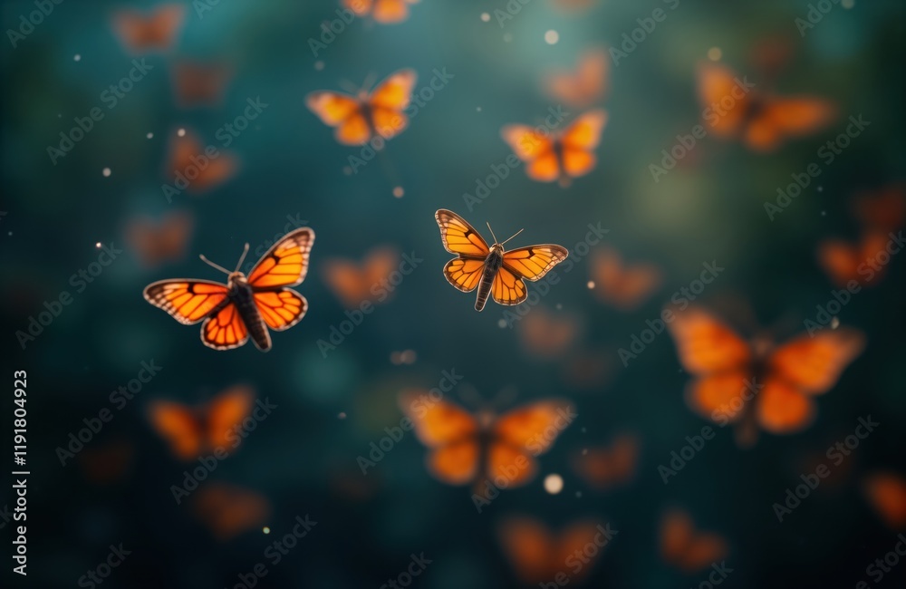 Wall mural many orange butterflies fly in magical abstract design. fly in dark blue nature background with soft