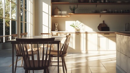 Sunny morning kitchen interior, dining area, garden view, home design