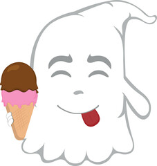 vector illustration character ghost cartoon, with an ice cream  wafer cone in his hand and an yummy expression