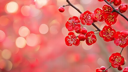 Red plum blossoms, spring branch, bokeh background, nature greeting card
