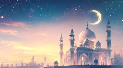 Majestic mosque at sunset, crescent moon, starlit sky, city skyline, Ramadan greeting
