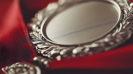 Silver Medallion Rests on Red Ribbon Fabric