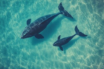 Obraz premium Mother whale and her calf swimming gracefully in clear blue ocean waters near a vibrant coral reef. Generative AI