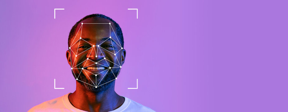 A smiling person is featured against a vibrant purple background with facial recognition technology overlayed on their face. The image focuses on the identification process. - Powered by Adobe