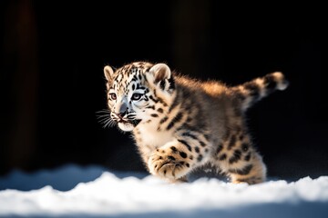 Young snow leopard cub bounding through the snow, mid-motion with its tail raised and bright eyes in a wintry forest setting.