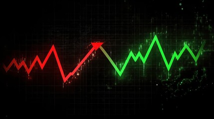 Naklejka premium Stock market chart showing green uptrend and red downtrend lines indicating market fluctuations