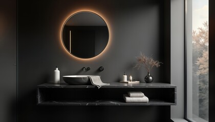 Modern black bathroom interior design. Round mirror with ambient lighting, countertop basin, wall-mounted faucet on dark marble counter. Stylish black color scheme. Luxurious, minimalist style.