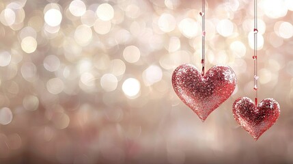 Fototapeta premium Sparkling hearts hang against a bokeh background; romantic Valentine's Day card