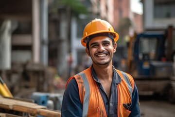 Smiling portrait of a young male Indian construction worker