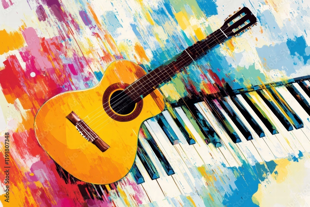 Aufkleber creative harmony with a guitar and piano surrounded by colorful music notes and artistic expression.