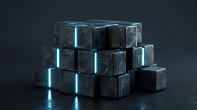 Fototapeta A stack of metallic cubes with glowing blue lines, creating a futuristic aesthetic.