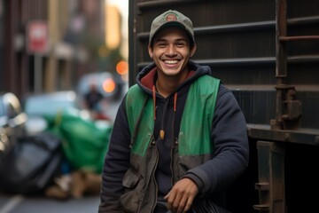 Smiling portrait of a young male garbage man in New York