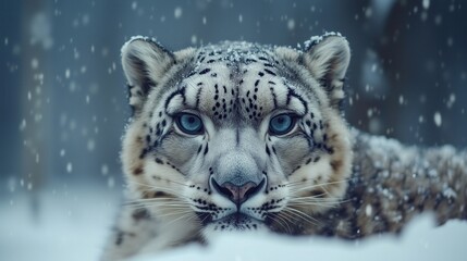 Fototapeta premium Snow leopard prowling in a snowy landscape, with piercing blue eyes and intricate fur details, surrounded by falling snowflakes and a serene wilderness atmosphere.