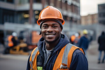 Smiling portrait of a young male African American construction site worker