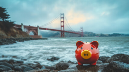 Obraz premium 海と曇り空に映えるゴールデンゲートブリッジと豚の貯金箱