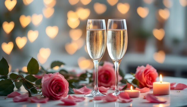 Romantic evening setup with two champagne glasses, pink roses, candles, and heart-shaped bokeh lights in the background