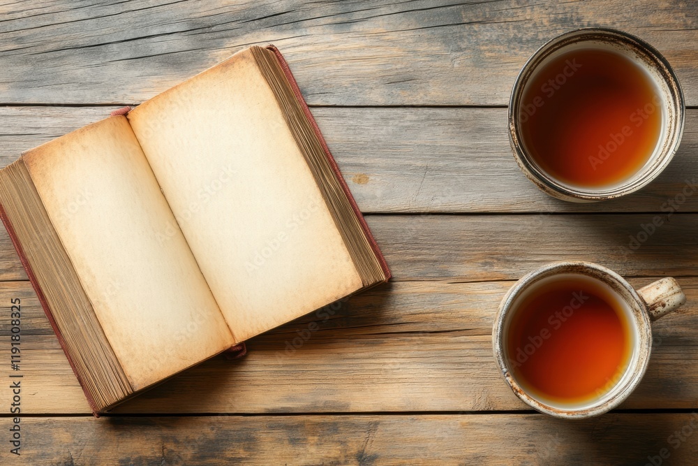 Poster relaxing moment with an open book and a cup of tea on a wooden table in a cozy setting. generative a