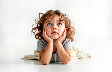 Fototapeta premium Young girl rests on floor looking up. Gazes thoughtfully. Little girl lies on floor. Child pensive. Youthful curiosity. Child exploring ideas. Peaceful moment. Child dreaming. Innocent child laying